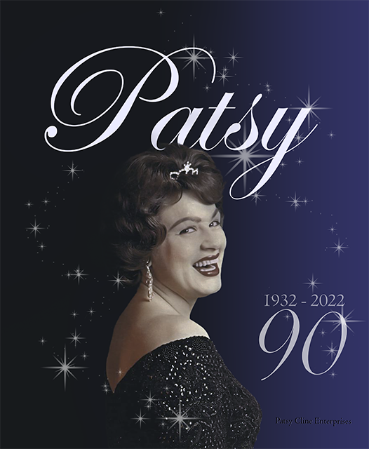 Patsy Cline smiling wearing a black sparkly gown with her birth year through the current year and 90 in text
